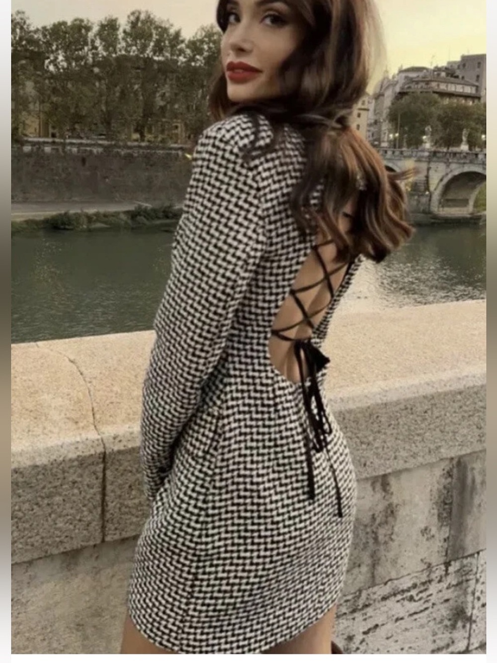 NWT ZARA Houndstooth Lace-Up Back Blazer Dress